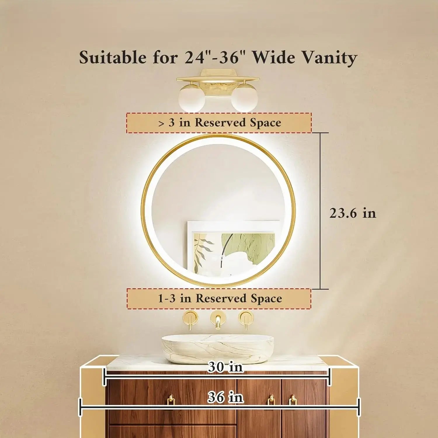 Round LED Mirror, Metal Framed Round Circle Lighted Bathroom Vanity Mirror Wall Mounted, Front and Backlit 3 Color Stepless Dimmable Anti Fog, Shatterproof, CRI 90+