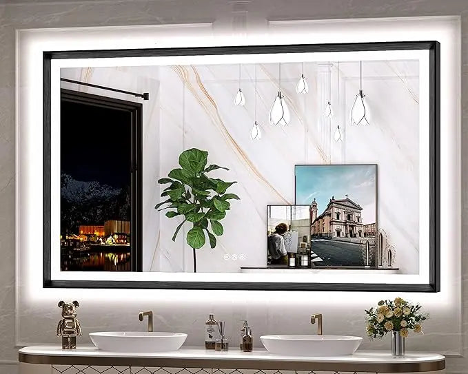 LED Bathroom Vanity Mirror with Frame – Backlit and Front Lighted, Aluminum Rectangle with Beveled Edge, Tricolor Stepless Dimmable, Anti-Fog, Memory Function, Modern Wall Decor