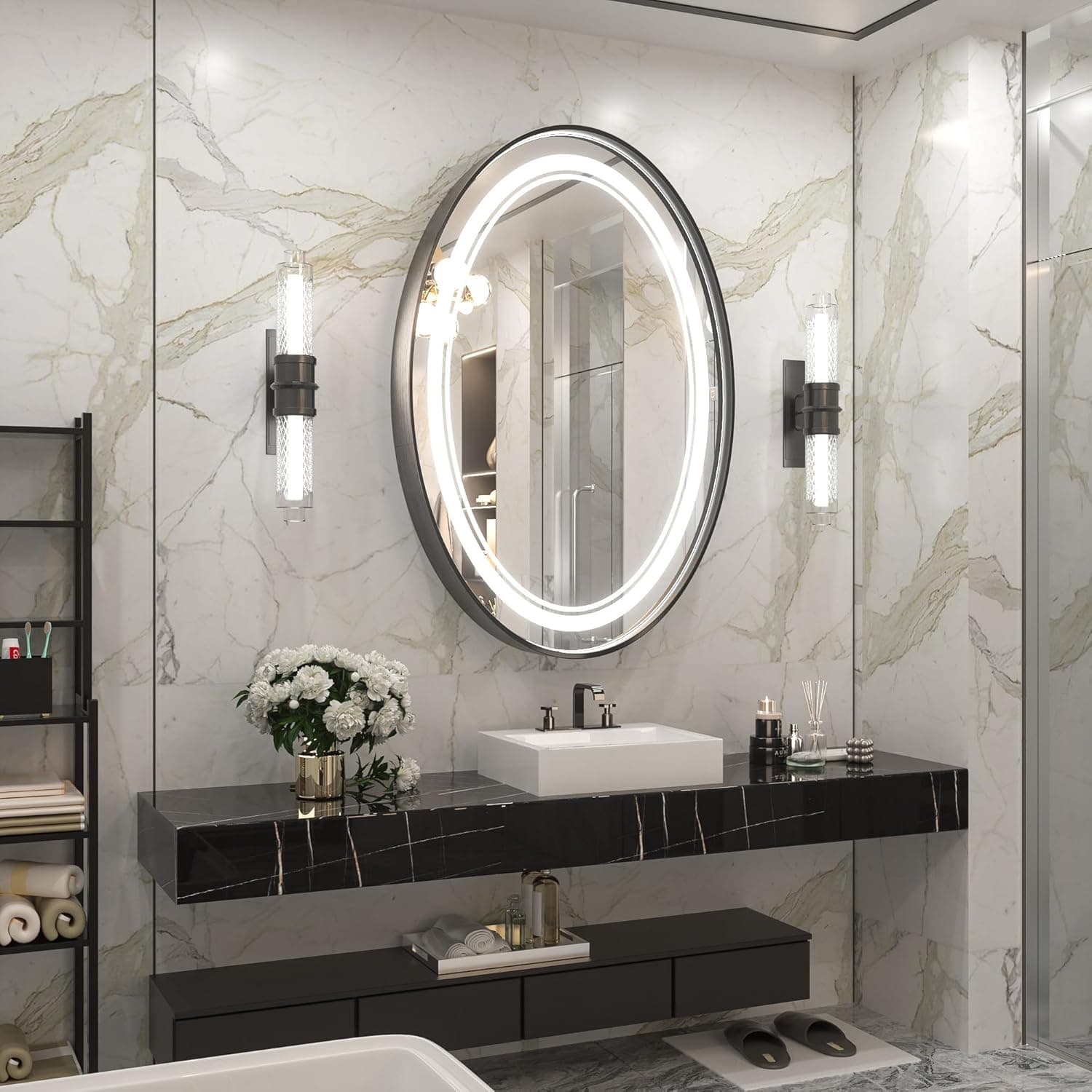 LED Oval Bathroom Mirror with Metal Frame – Frontlit Vanity Mirror for Wall with 3 Color Dimmable Lights, CRI 90+ Illumination, Modern Lighted Mirror for Stylish Bathroom Vanity Decor