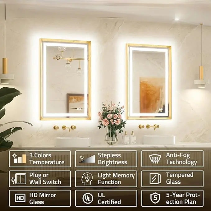 Bathroom Vanity LED Mirror  Frame Frontlit & Backlit Vanity Mirror Anti-Fog Stepless Dimmable 3 Colors White/Warm/Natural Mirror with Lights Wall-Mounted