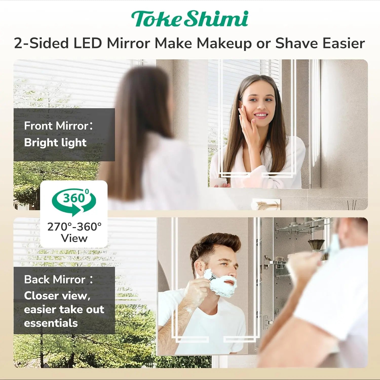 Medicine Cabinet Mirrored, Anti-Fog Tempered Bathroom Vanity LED Mirror with Storage 3 Color Stepless Dimming, CRI 80+, Memory Funtion, Surface Mount Medicine Cabinet with Light