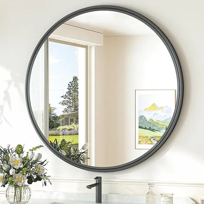 Round Bathroom Vanity Framed Mirror, Modern Circle Wall Mirror Farmhouse Aluminum, Shatterproof Round Bathroom Vanity Mirrored for Restroom, Bedroom, Entryway, Living Room