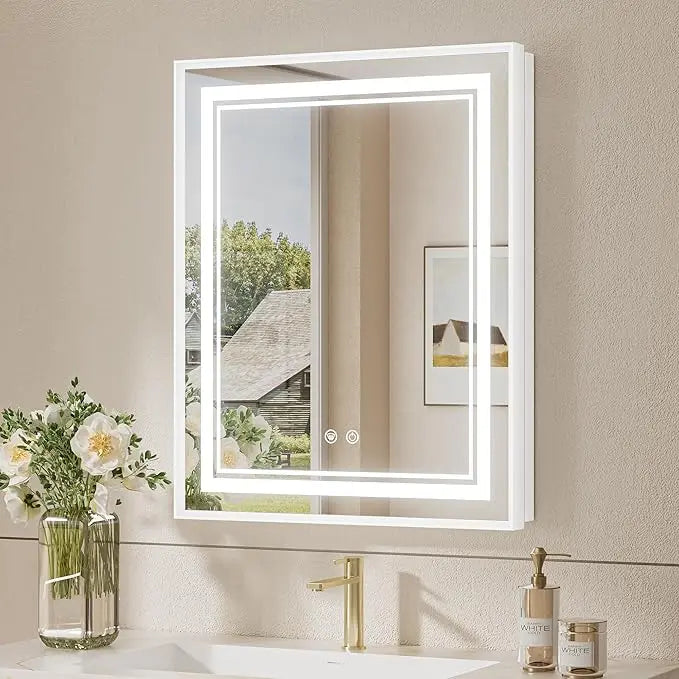 Recessed Medicine Cabinet Mirror with Lights Tempered, 3-Color Stepless Dimmable Led Mirrored Medicine Cabinet Defog and Electrical Outlets, Modern Mirror with Storage