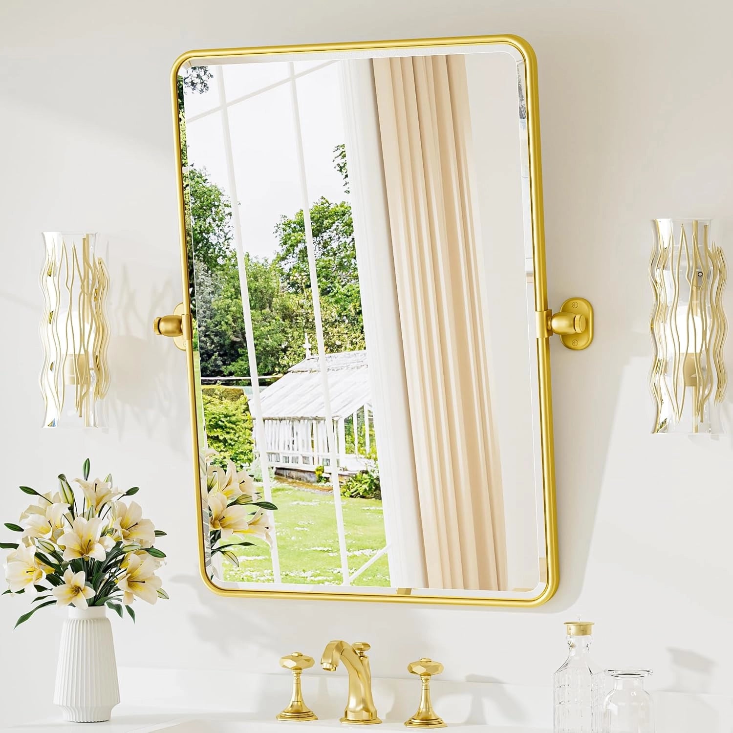 Pivot Rectangular Vanity Mirror – Metal Framed Wall Mirror with Beveled Edges and Rounded Corners, Modern Farmhouse Style, Adjustable Design, Horizontal or Vertical Mount