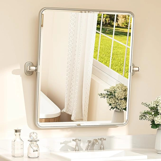Pivot Rectangular Vanity Mirror – Metal Framed Wall Mirror with Beveled Edges and Rounded Corners, Modern Farmhouse Style, Adjustable Design, Horizontal or Vertical Mount