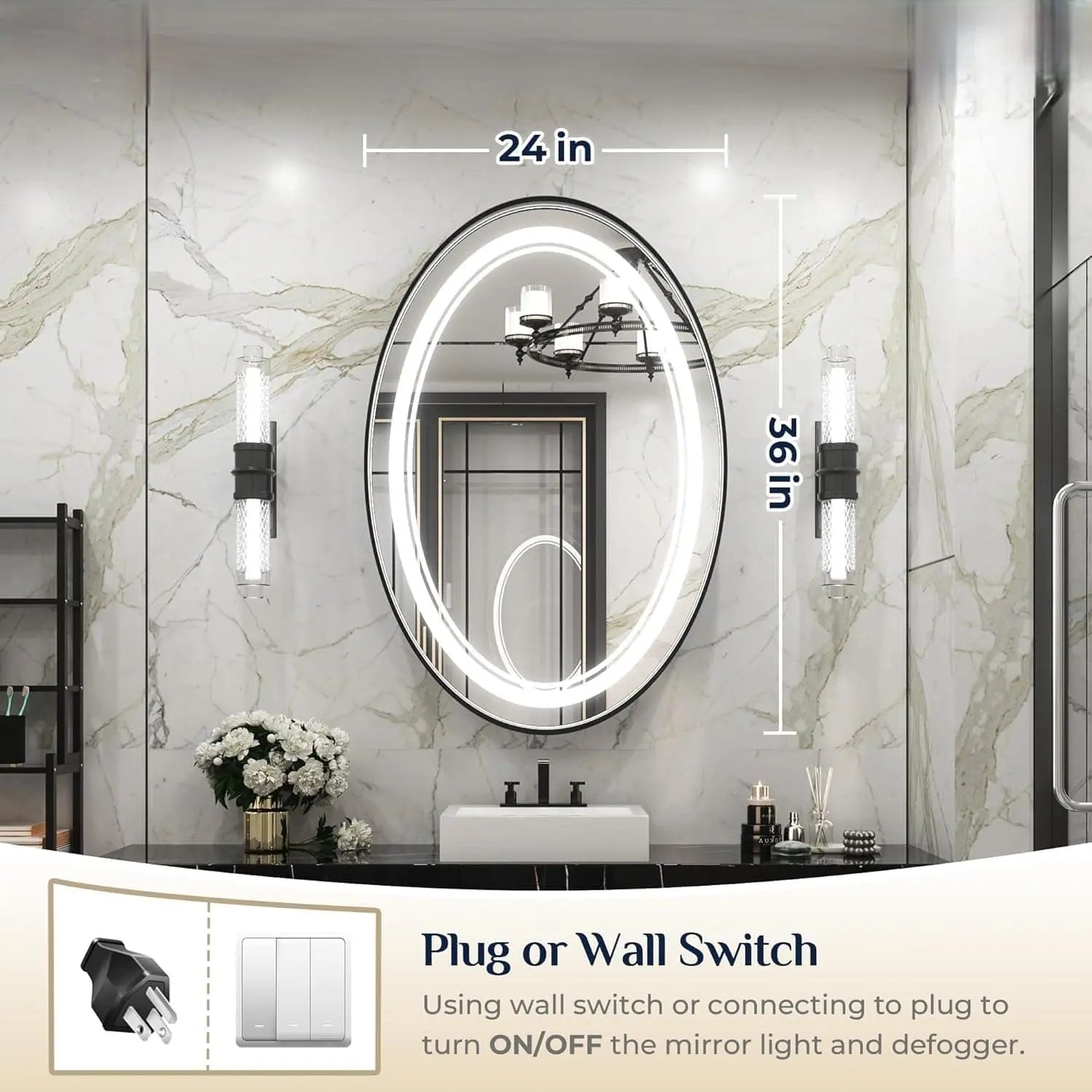 LED Oval Bathroom Mirror with Metal Frame – Frontlit Vanity Mirror for Wall with 3 Color Dimmable Lights, CRI 90+ Illumination, Modern Lighted Mirror for Stylish Bathroom Vanity Decor