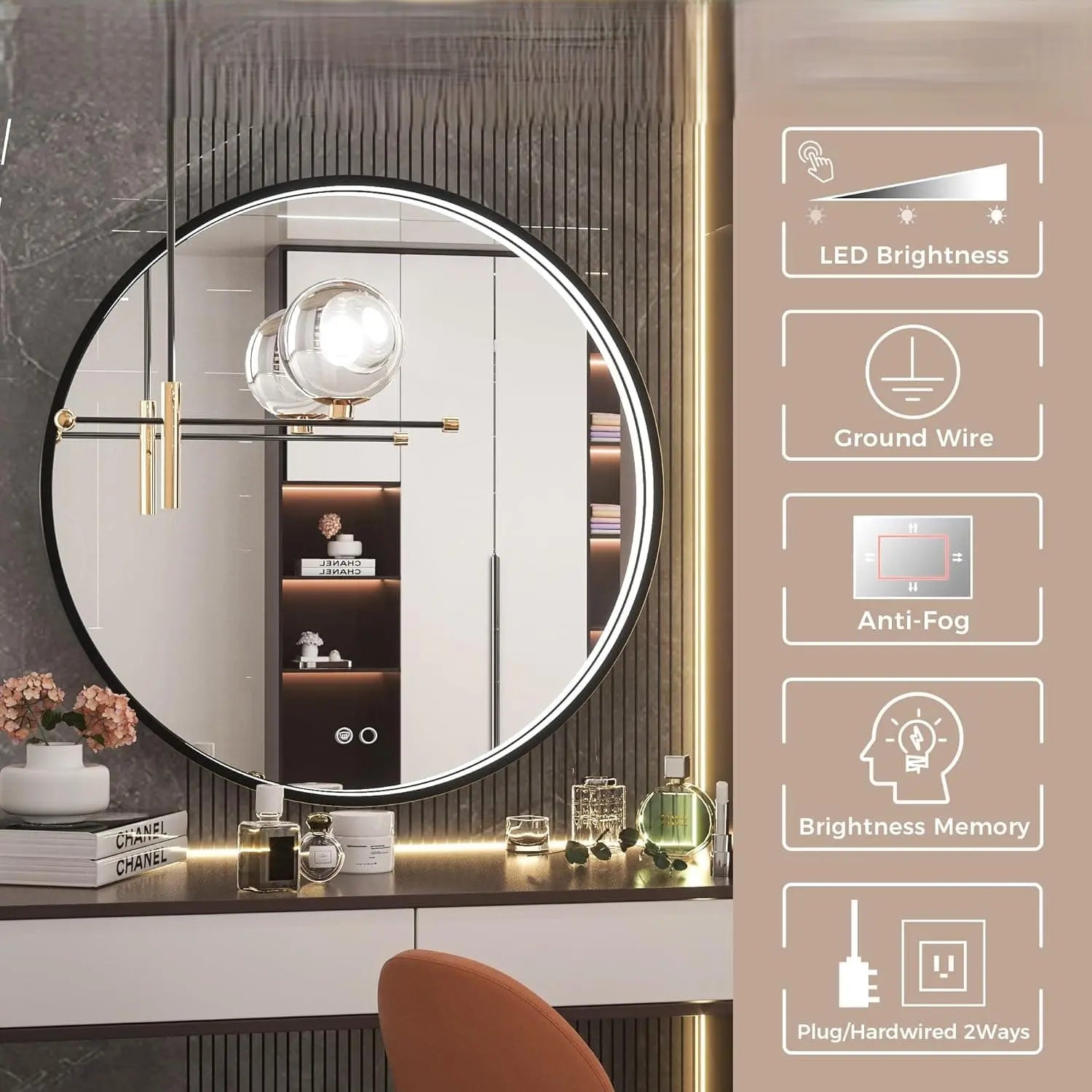 Round LED Mirror for Bathroom, Restroom and Vanity with Lights 3000K/4500K/6000K, Metal Framed Frontlighted Vanity Mirror Wall Mounted, Dimmable Makeup Mirror Touch Switch UL Listed CRI≥90