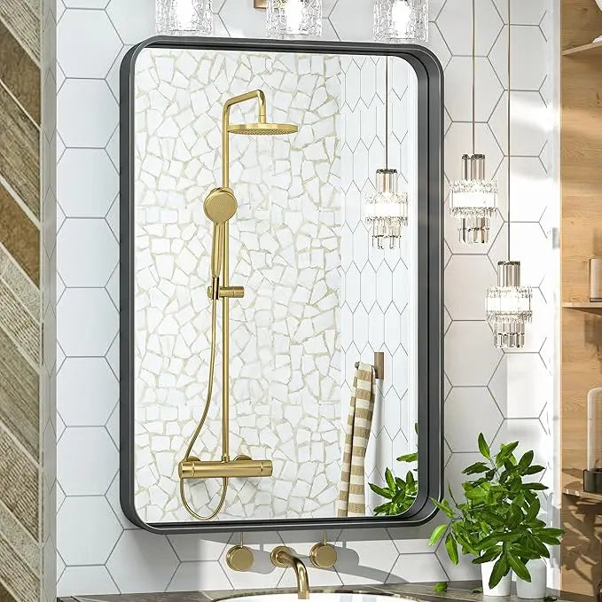Bathroom Vanity Mirror with Brushed Gold Aluminum Frame – HD Tempered Glass Wall Mirror for Over Sink, Modern Design, Horizontal or Vertical Mount for Bathroom, Entryway, or Bedroom