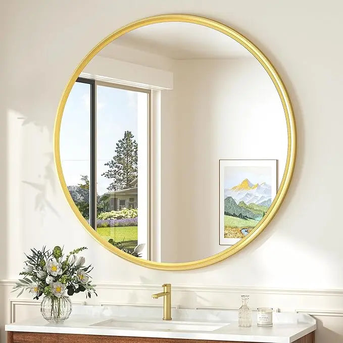 Round Bathroom Vanity Framed Mirror, Modern Circle Wall Mirror Farmhouse Aluminum, Shatterproof Round Bathroom Vanity Mirrored for Restroom, Bedroom, Entryway, Living Room