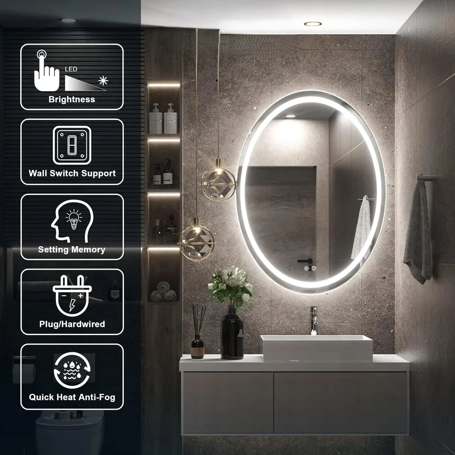 Oval LED Mirror for Bathroom Vanity, Frontlit Dimmable,Anti Fog,Vanity Mirror with Lights for Makeup Wall Mounted Lighted Modern Mirror