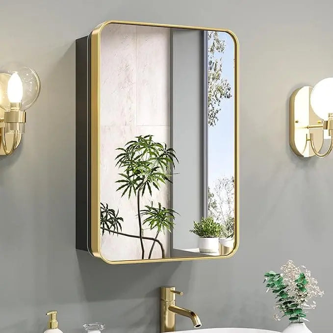Bathroom Vanity Medicine Cabinet with Mirror – Brushed Brass Finish, Stainless Steel Frame, Rounded Rectangular Shape, Adjustable Shelves, Recessed or Surface Mount Installation