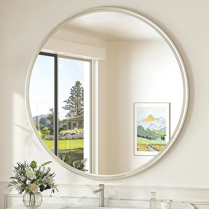 Round Bathroom Vanity Framed Mirror, Modern Circle Wall Mirror Farmhouse Aluminum, Shatterproof Round Bathroom Vanity Mirrored for Restroom, Bedroom, Entryway, Living Room