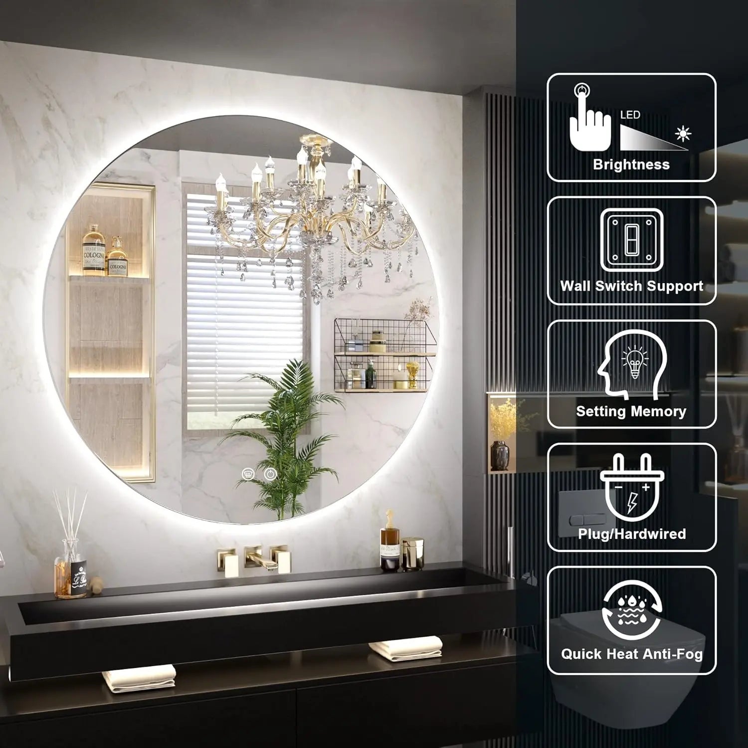 Backlit Round LED Bathroom Vanity Decor Mirror – Lighted Vanity Circle Mirror with Anti-Fog, Dimmable 3 Color Modes, Waterproof Design, Modern Wall Mounted Mirror for Bathroom Decor