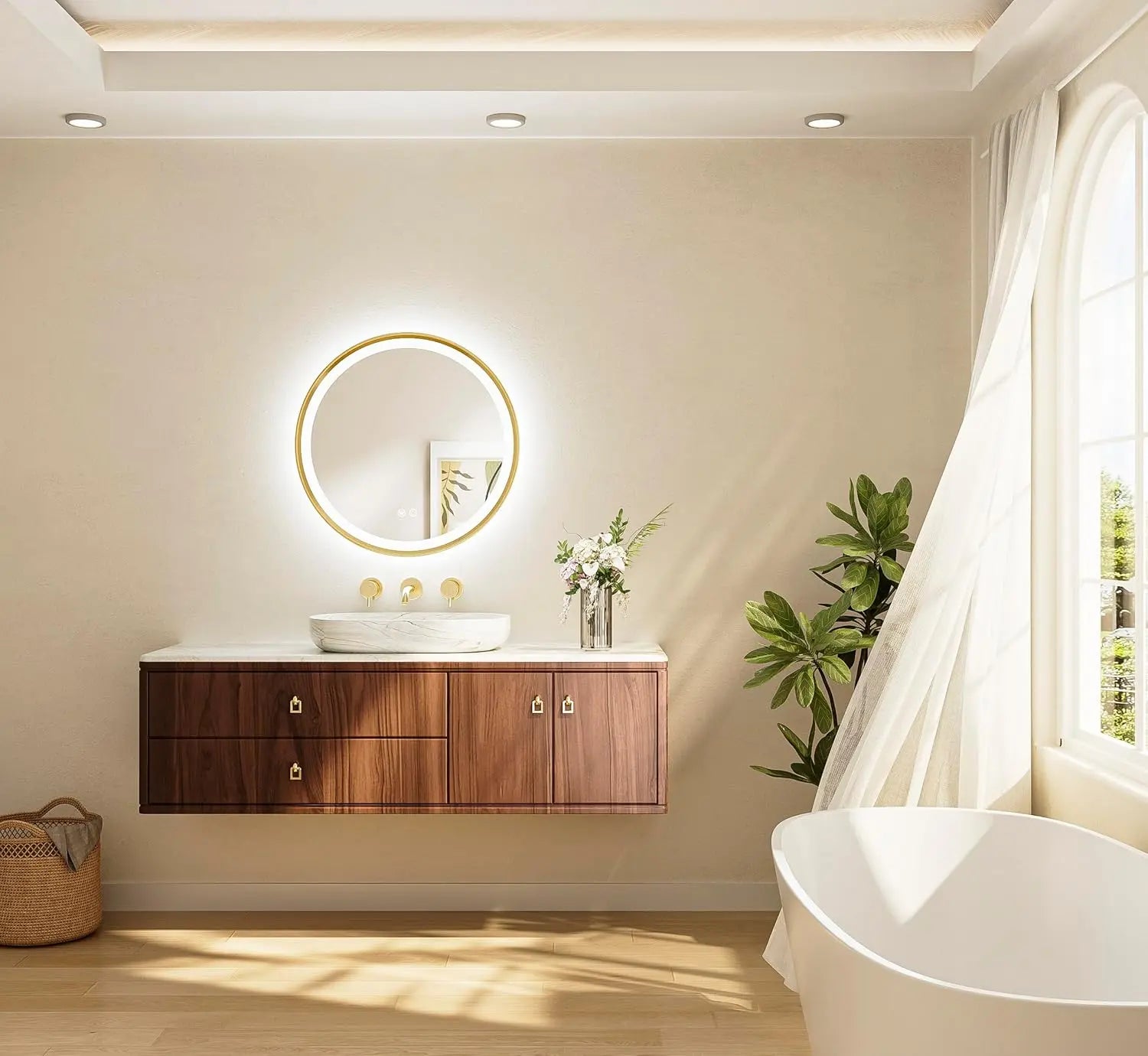 Round LED Mirror, Metal Framed Round Circle Lighted Bathroom Vanity Mirror Wall Mounted, Front and Backlit 3 Color Stepless Dimmable Anti Fog, Shatterproof, CRI 90+