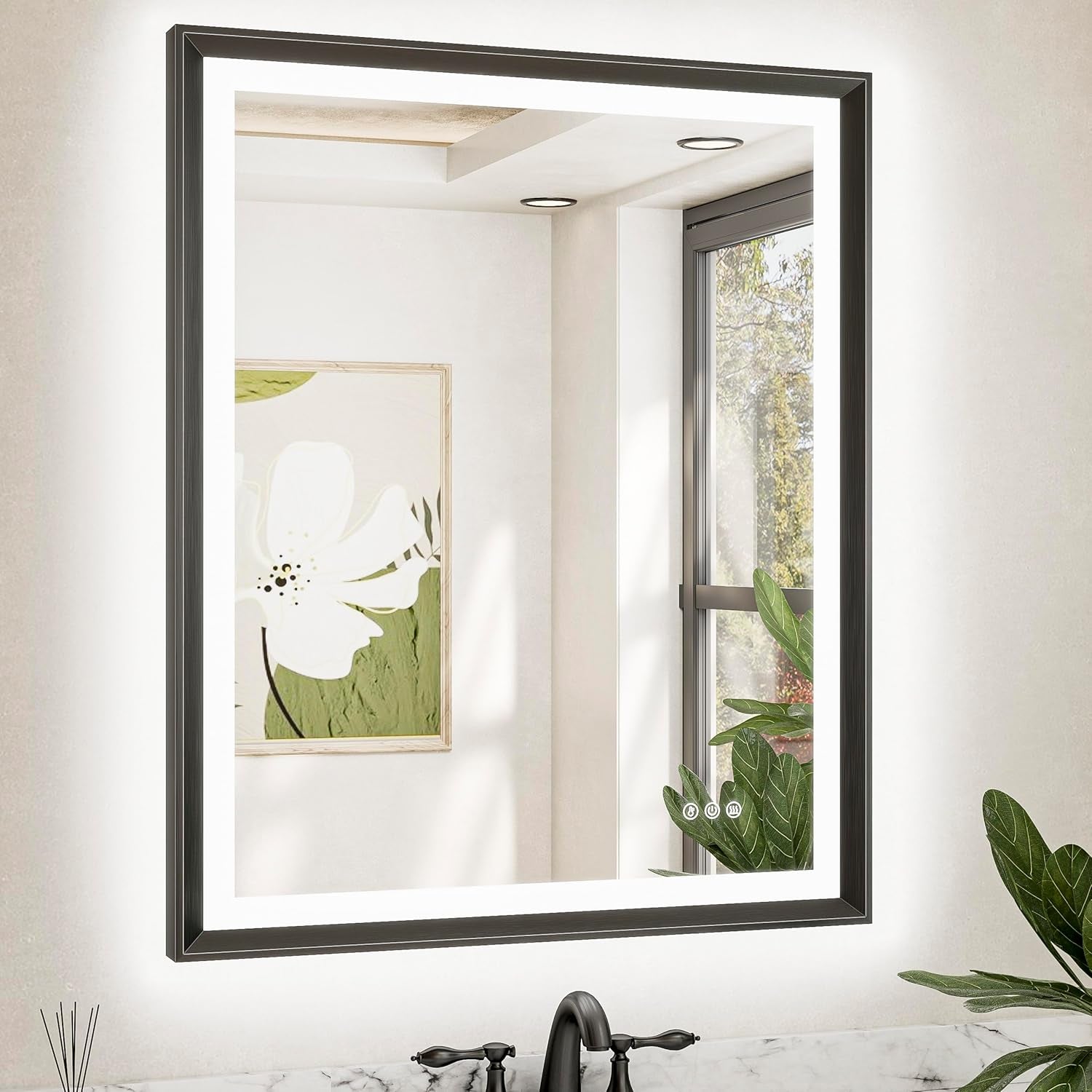 LED Bathroom Vanity Mirror with Frame – Backlit and Front Lighted, Aluminum Rectangle with Beveled Edge, Tricolor Stepless Dimmable, Anti-Fog, Memory Function, Modern Wall Decor