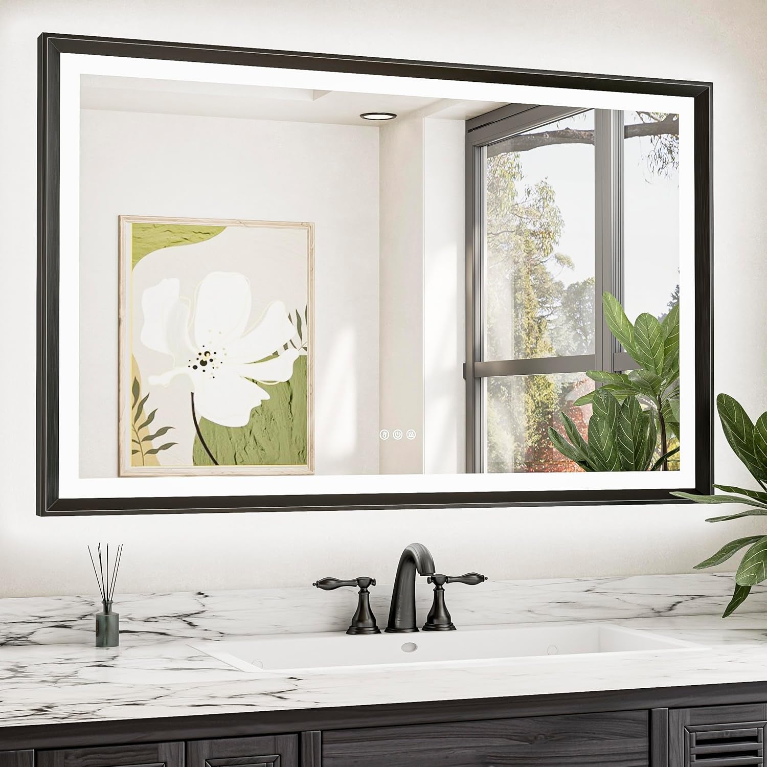 LED Bathroom Vanity Mirror with Frame – Backlit and Front Lighted, Aluminum Rectangle with Beveled Edge, Tricolor Stepless Dimmable, Anti-Fog, Memory Function, Modern Wall Decor