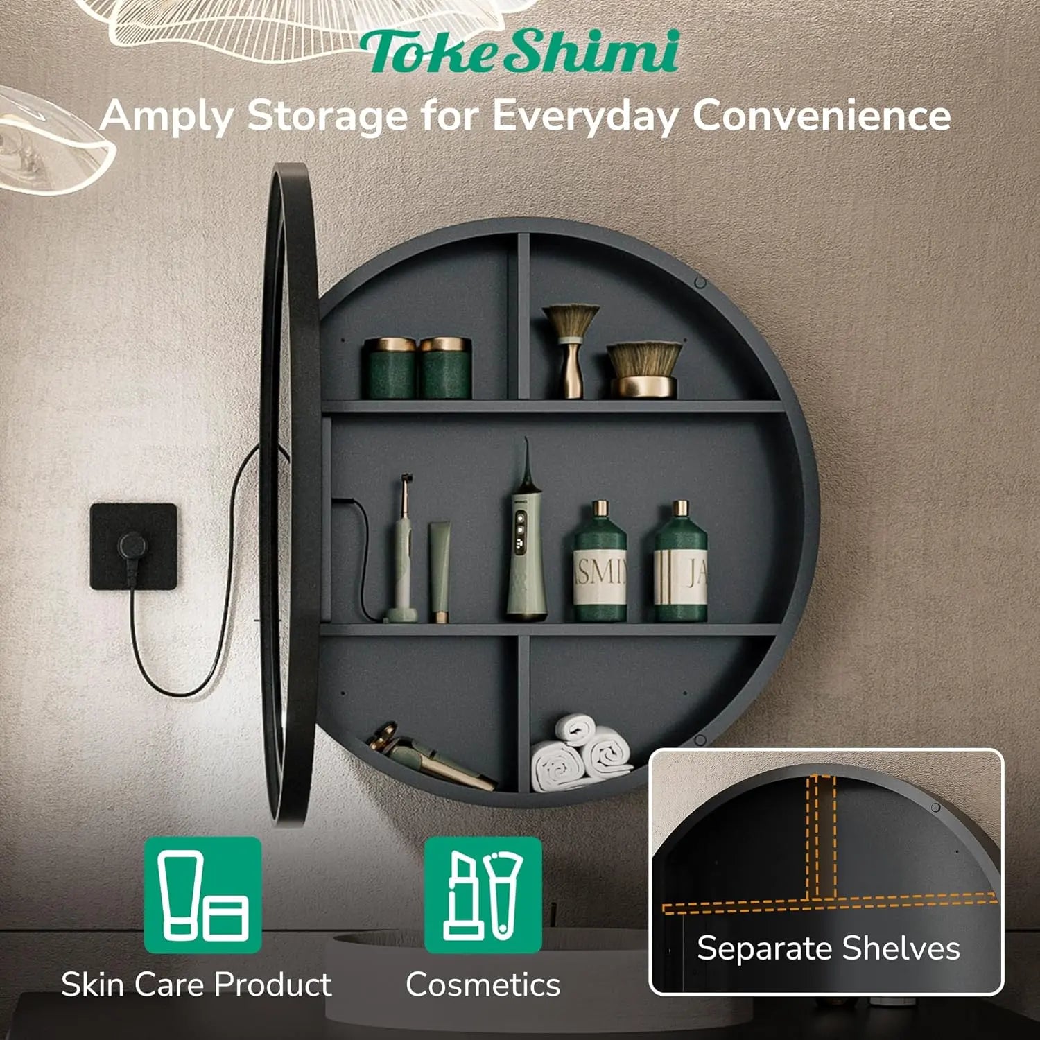 Medicine Cabinet Mirror for Bathroom Vanity with Defogger, Dimmable LED Mirror with 3 Color Lights, Wall Mount Storage Cabinet with Electrical Outlet – Modern Mirrored Vanity Organizer, Stylish Restroom Decor