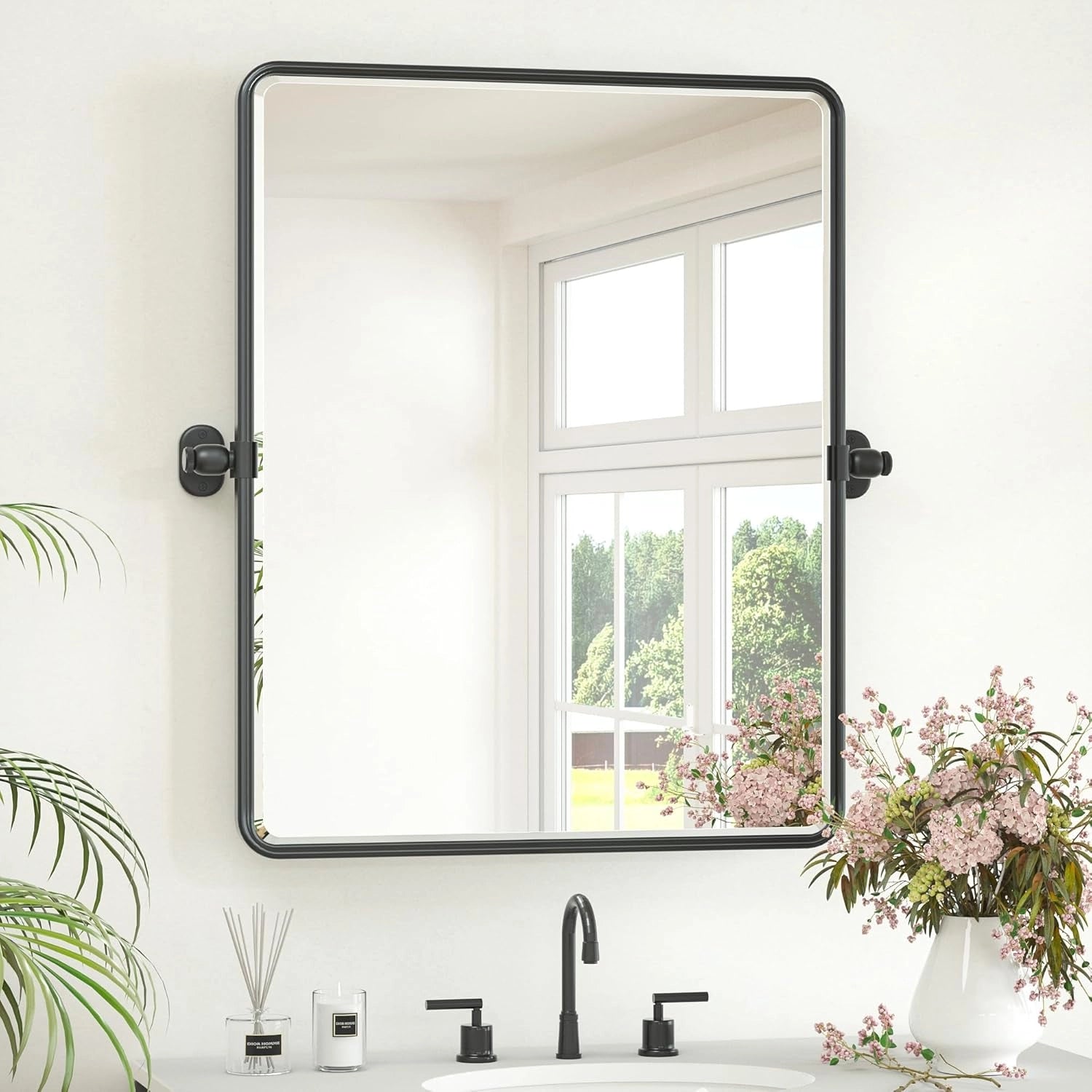 Pivot Rectangular Vanity Mirror – Metal Framed Wall Mirror with Beveled Edges and Rounded Corners, Modern Farmhouse Style, Adjustable Design, Horizontal or Vertical Mount