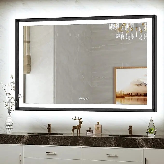 LED Bathroom Vanity Mirror with Frame – Backlit and Front Lighted, Aluminum Rectangle with Beveled Edge, Tricolor Stepless Dimmable, Anti-Fog, Memory Function, Modern Wall Decor