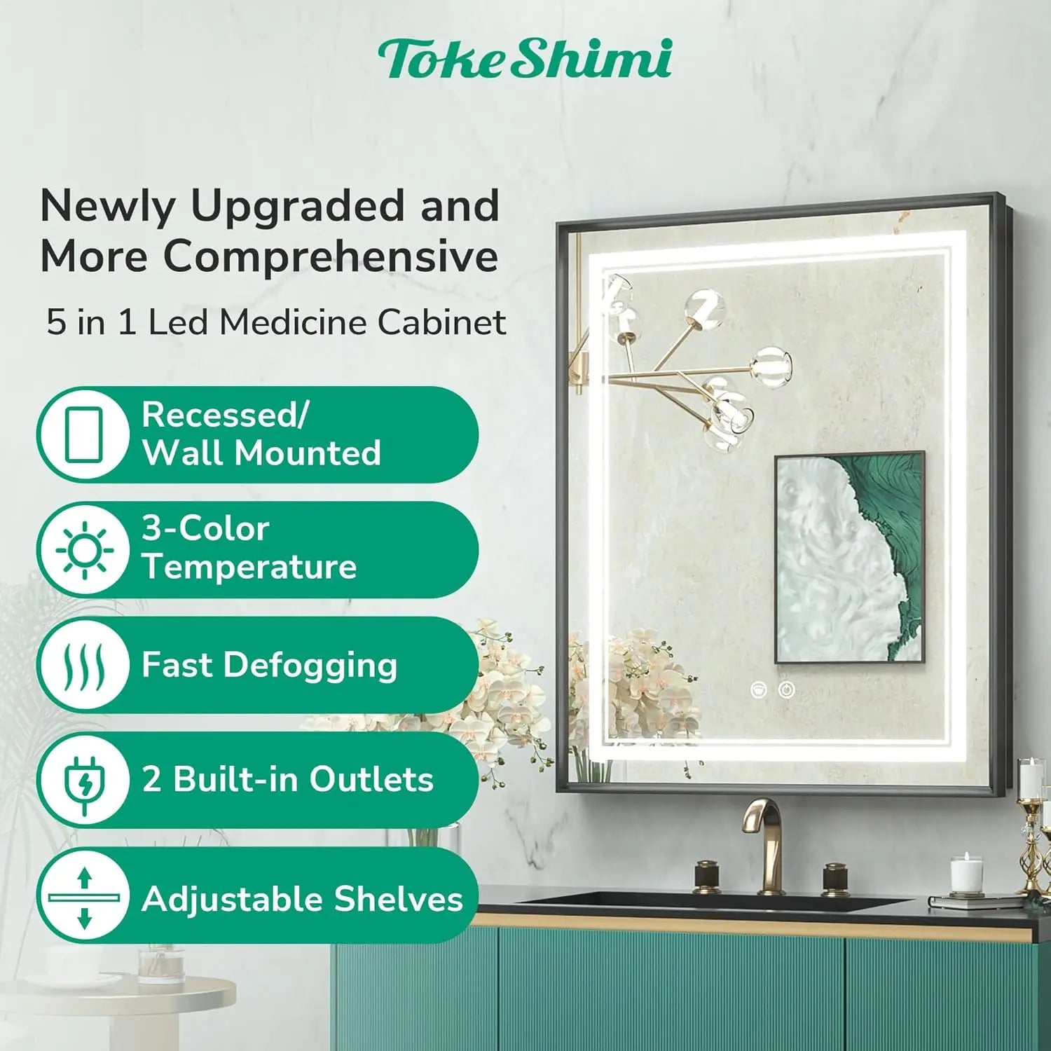 Recessed Medicine Cabinet Mirror with Lights Tempered, 3-Color Stepless Dimmable Led Mirrored Medicine Cabinet Defog and Electrical Outlets, Modern Mirror with Storage