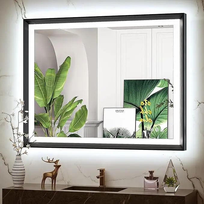 LED Bathroom Vanity Mirror with Frame – Backlit and Front Lighted, Aluminum Rectangle with Beveled Edge, Tricolor Stepless Dimmable, Anti-Fog, Memory Function, Modern Wall Decor