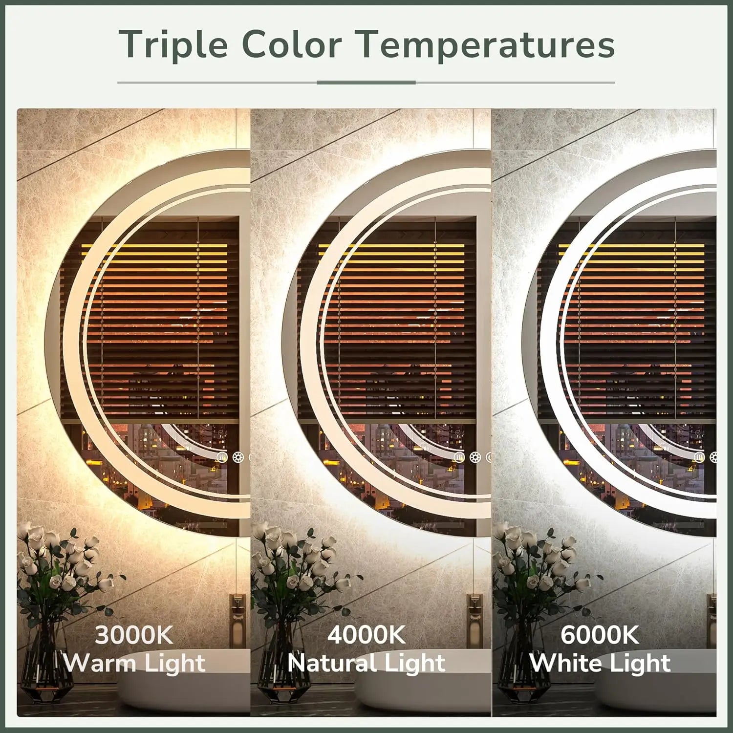 LED Round Bathroom Vanity Mirror – Front and Backlit Vanity Mirror with Double Light Strip, 3 Color Modes, CRI 90+, Anti-Fog, Memory Function, Wall Mounted Makeup Mirror for Bathroom Decor