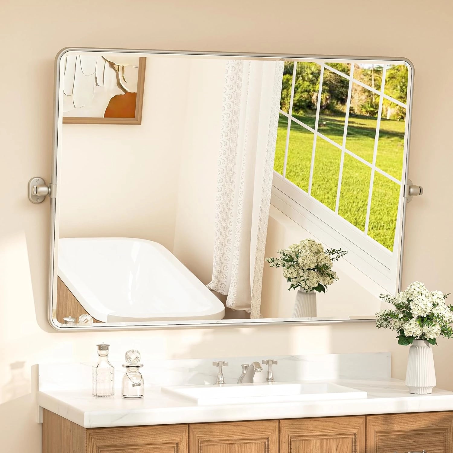 Pivot Rectangular Vanity Mirror – Metal Framed Wall Mirror with Beveled Edges and Rounded Corners, Modern Farmhouse Style, Adjustable Design, Horizontal or Vertical Mount