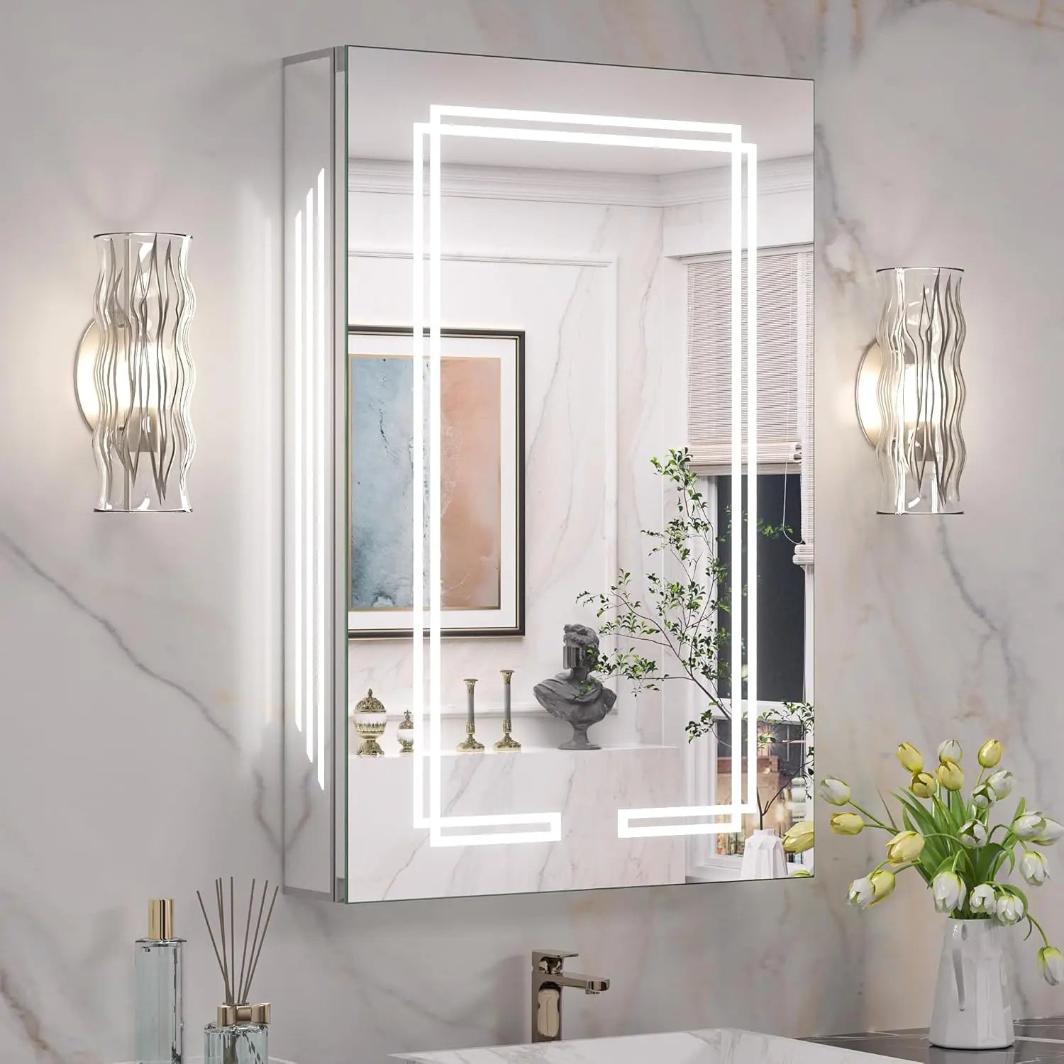 Medicine Cabinet Mirrored, Anti-Fog Tempered Bathroom Vanity LED Mirror with Storage 3 Color Stepless Dimming, CRI 80+, Memory Funtion, Surface Mount Medicine Cabinet with Light