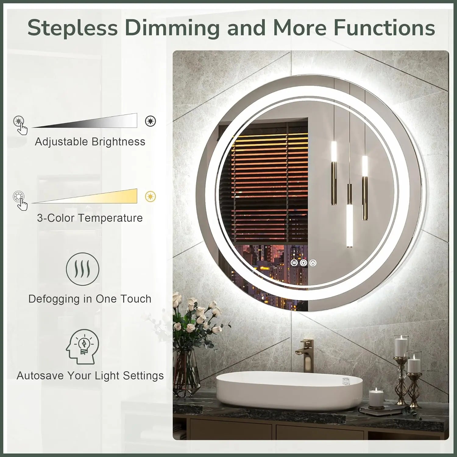 LED Round Bathroom Vanity Mirror – Front and Backlit Vanity Mirror with Double Light Strip, 3 Color Modes, CRI 90+, Anti-Fog, Memory Function, Wall Mounted Makeup Mirror for Bathroom Decor