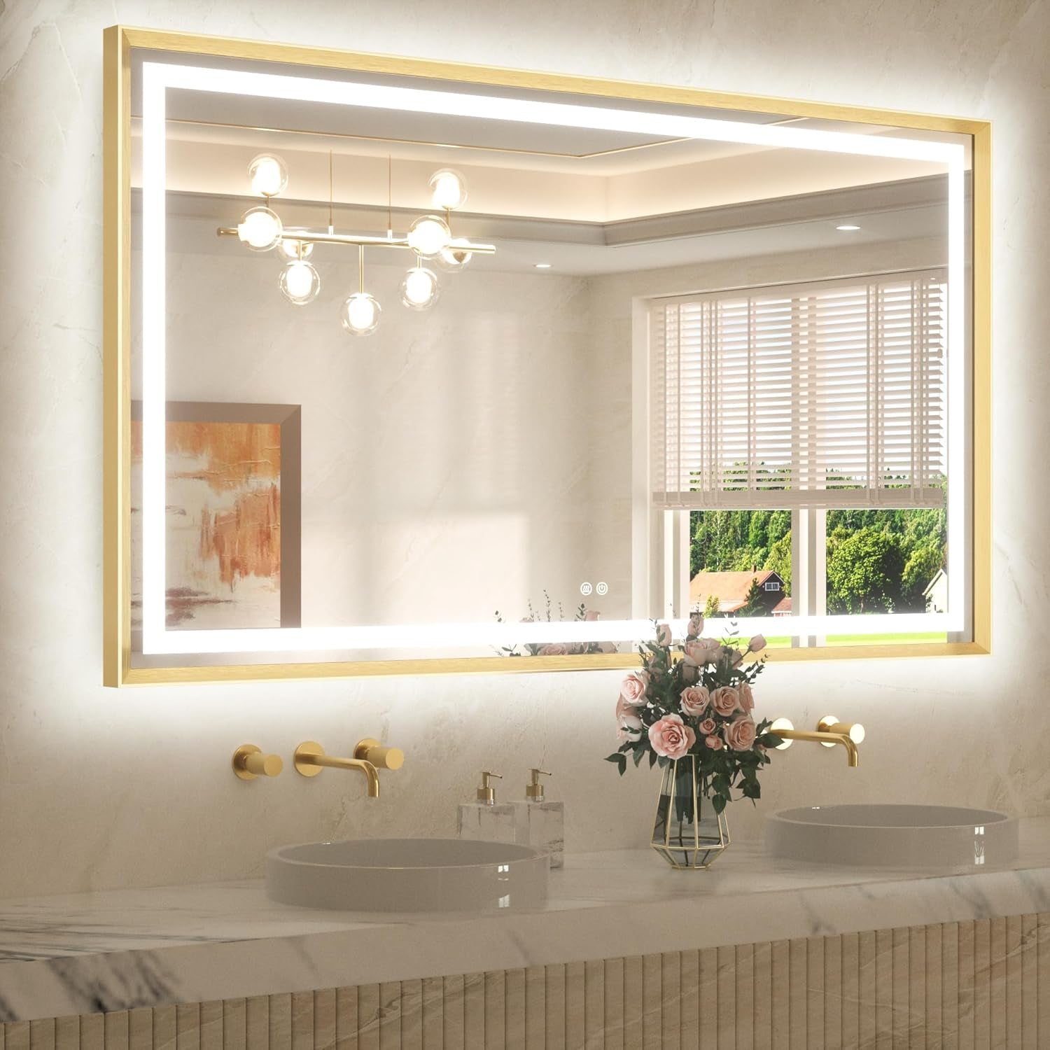 Bathroom Vanity LED Mirror  Frame Frontlit & Backlit Vanity Mirror Anti-Fog Stepless Dimmable 3 Colors White/Warm/Natural Mirror with Lights Wall-Mounted
