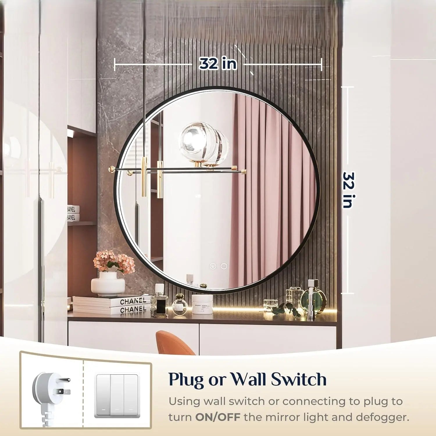 Round LED Mirror for Bathroom, Restroom and Vanity with Lights 3000K/4500K/6000K, Metal Framed Frontlighted Vanity Mirror Wall Mounted, Dimmable Makeup Mirror Touch Switch UL Listed CRI≥90