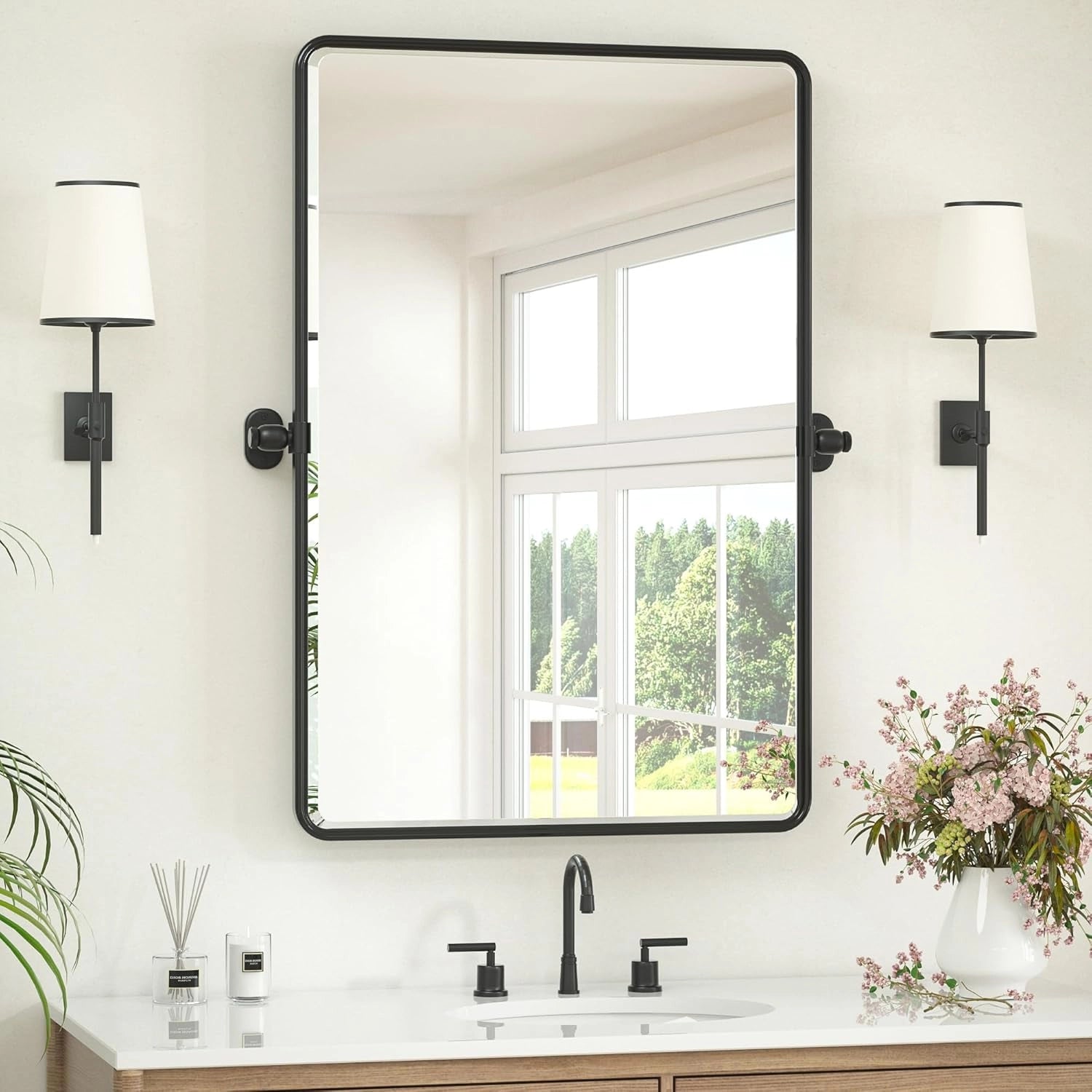 Pivot Rectangular Vanity Mirror – Metal Framed Wall Mirror with Beveled Edges and Rounded Corners, Modern Farmhouse Style, Adjustable Design, Horizontal or Vertical Mount