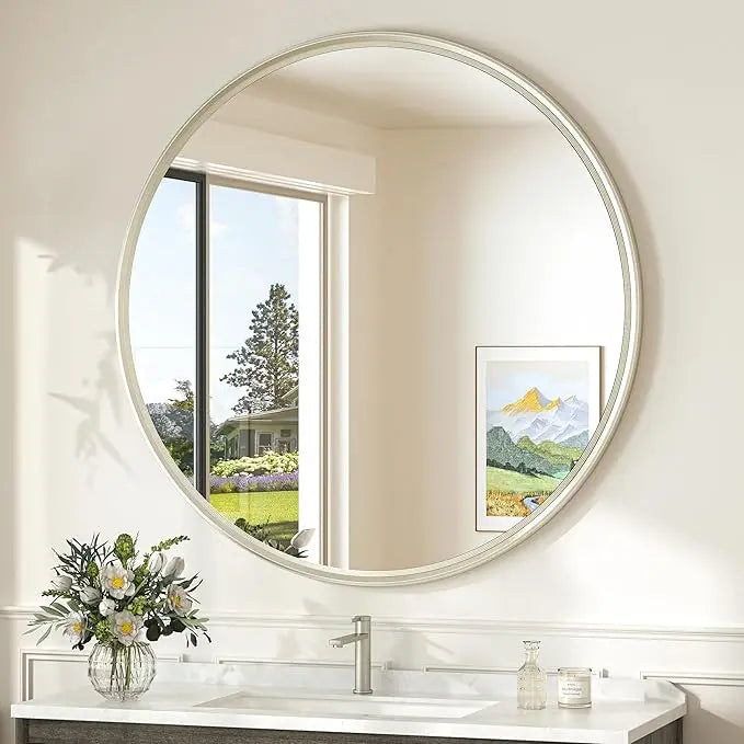 Round Bathroom Vanity Framed Mirror, Modern Circle Wall Mirror Farmhouse Aluminum, Shatterproof Round Bathroom Vanity Mirrored for Restroom, Bedroom, Entryway, Living Room