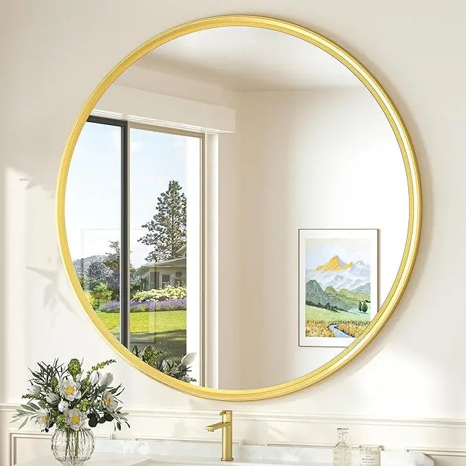 Round Bathroom Vanity Framed Mirror, Modern Circle Wall Mirror Farmhouse Aluminum, Shatterproof Round Bathroom Vanity Mirrored for Restroom, Bedroom, Entryway, Living Room