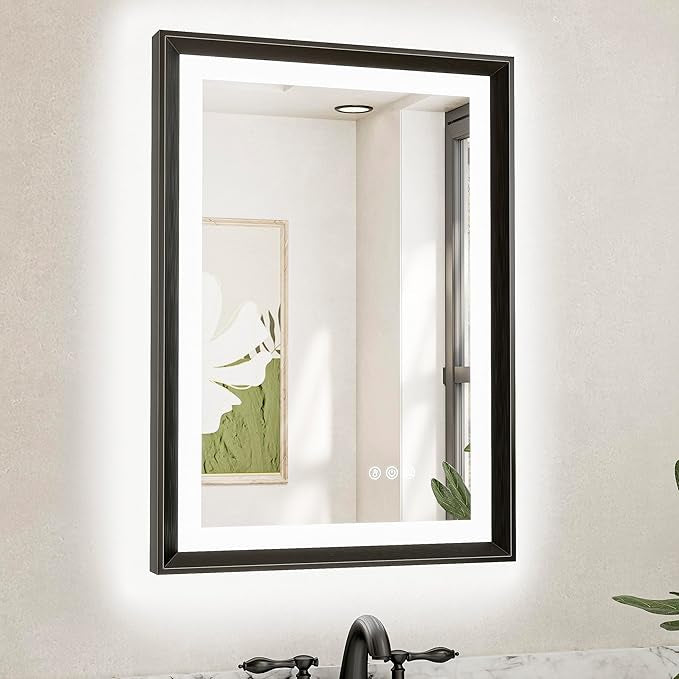 LED Bathroom Vanity Mirror with Frame – Backlit and Front Lighted, Aluminum Rectangle with Beveled Edge, Tricolor Stepless Dimmable, Anti-Fog, Memory Function, Modern Wall Decor