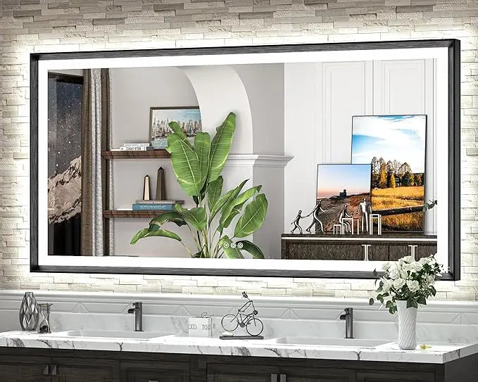 LED Bathroom Vanity Mirror with Frame – Backlit and Front Lighted, Aluminum Rectangle with Beveled Edge, Tricolor Stepless Dimmable, Anti-Fog, Memory Function, Modern Wall Decor