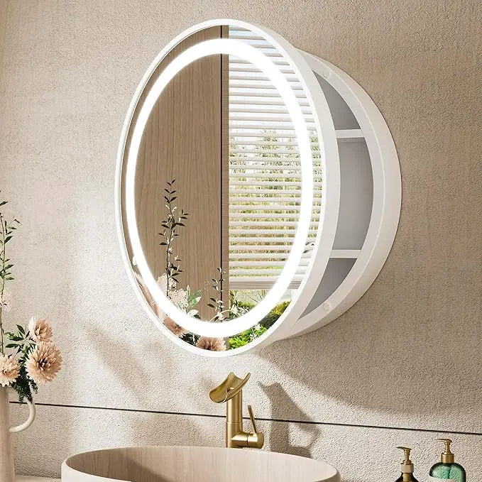 Medicine Cabinet Mirror for Bathroom Vanity with Defogger, Dimmable LED Mirror with 3 Color Lights, Wall Mount Storage Cabinet with Electrical Outlet – Modern Mirrored Vanity Organizer, Stylish Restroom Decor