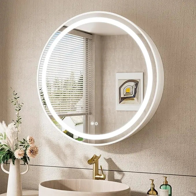 Medicine Cabinet Mirror for Bathroom Vanity with Defogger, Dimmable LED Mirror with 3 Color Lights, Wall Mount Storage Cabinet with Electrical Outlet – Modern Mirrored Vanity Organizer, Stylish Restroom Decor