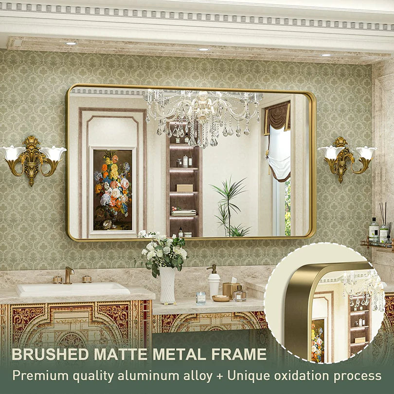 Bathroom Vanity Mirror with Brushed Gold Aluminum Frame – HD Tempered Glass Wall Mirror for Over Sink, Modern Design, Horizontal or Vertical Mount for Bathroom, Entryway, or Bedroom