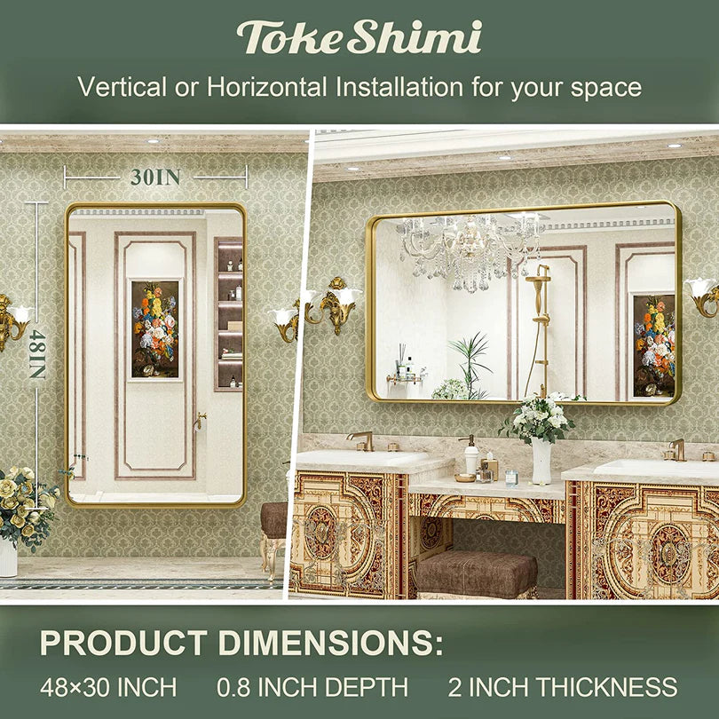 Bathroom Vanity Mirror with Brushed Gold Aluminum Frame – HD Tempered Glass Wall Mirror for Over Sink, Modern Design, Horizontal or Vertical Mount for Bathroom, Entryway, or Bedroom