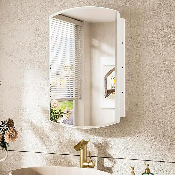 Bathroom Vanity Medicine Cabinet with Beveled Mirror – White Arched Design, Recessed or Wall Mount, Modern Metal Frame Storage Cabinet with Mirrored Door for Stylish and Functional Vanity Use