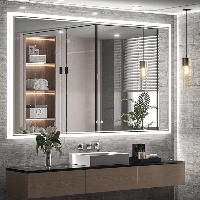 TokeShimi LED Bathroom Vanity Mirror with Lights, Wall Mounted Mirror Cabinet with Tri-Color Dimmable Lighting (3000K/4500K/6000K), Touch Sensor, Modern Storage Design