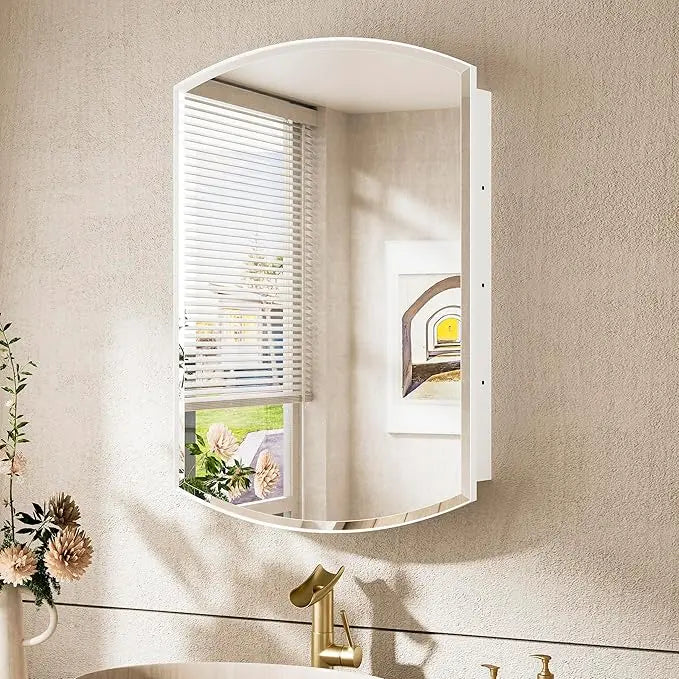 Bathroom Vanity Medicine Cabinet with Beveled Mirror – White Arched Design, Recessed or Wall Mount, Modern Metal Frame Storage Cabinet with Mirrored Door for Stylish and Functional Vanity Use
