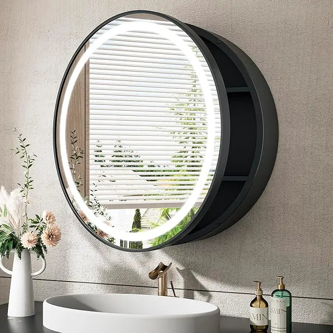 Medicine Cabinet Mirror for Bathroom Vanity with Defogger, Dimmable LED Mirror with 3 Color Lights, Wall Mount Storage Cabinet with Electrical Outlet – Modern Mirrored Vanity Organizer, Stylish Restroom Decor