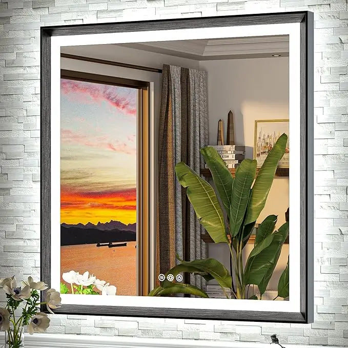 LED Bathroom Vanity Mirror with Frame – Backlit and Front Lighted, Aluminum Rectangle with Beveled Edge, Tricolor Stepless Dimmable, Anti-Fog, Memory Function, Modern Wall Decor