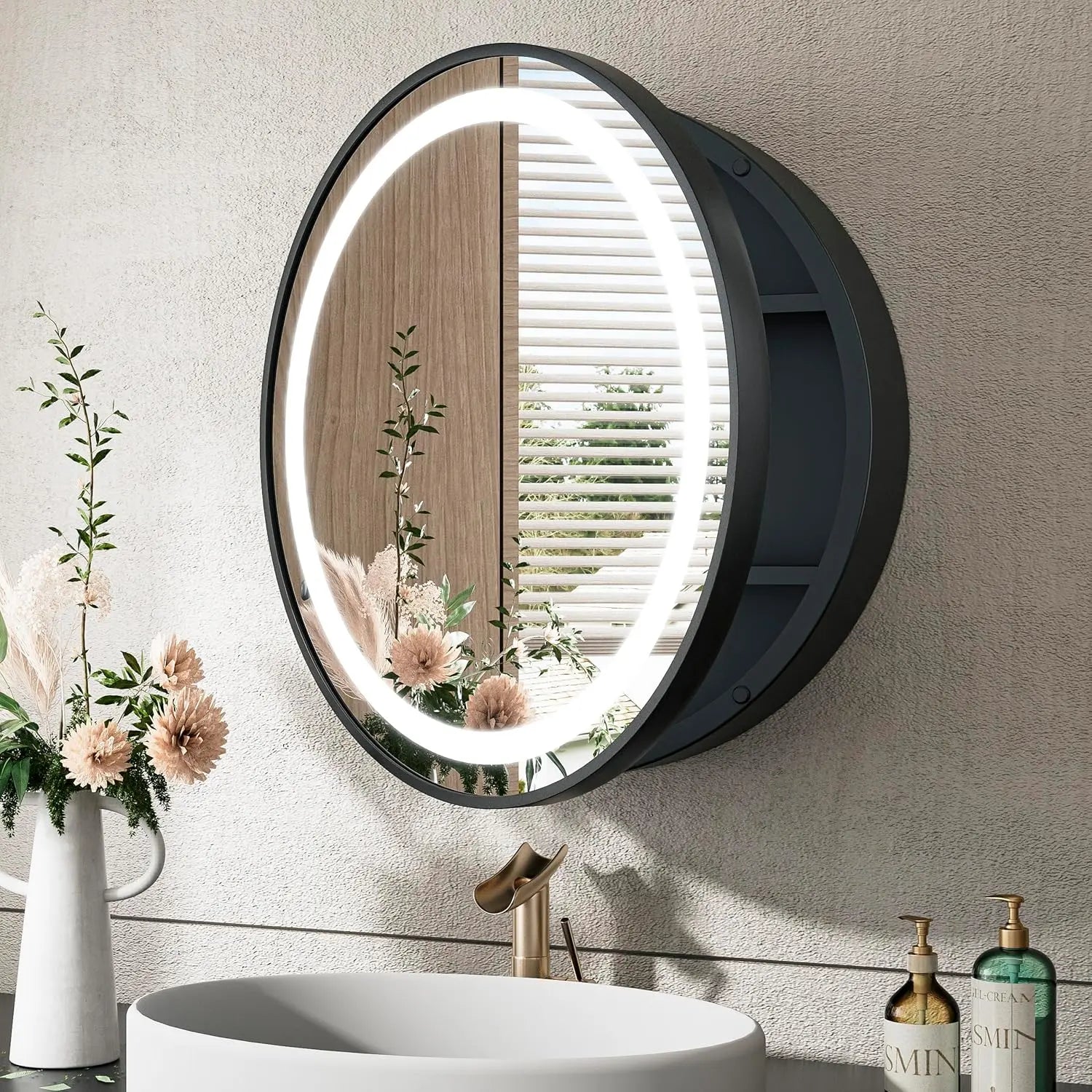 Medicine Cabinet Mirror for Bathroom Vanity with Defogger, Dimmable LED Mirror with 3 Color Lights, Wall Mount Storage Cabinet with Electrical Outlet – Modern Mirrored Vanity Organizer, Stylish Restroom Decor