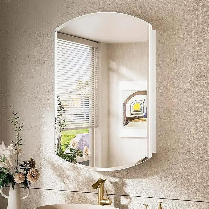 Bathroom Vanity Medicine Cabinet with Beveled Mirror – White Arched Design, Recessed or Wall Mount, Modern Metal Frame Storage Cabinet with Mirrored Door for Stylish and Functional Vanity Use