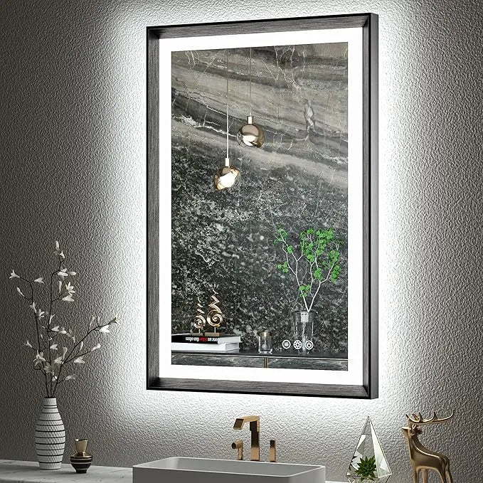 LED Bathroom Vanity Mirror with Frame – Backlit and Front Lighted, Aluminum Rectangle with Beveled Edge, Tricolor Stepless Dimmable, Anti-Fog, Memory Function, Modern Wall Decor