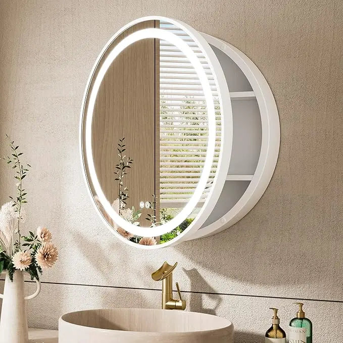 Medicine Cabinet Mirror for Bathroom Vanity with Defogger, Dimmable LED Mirror with 3 Color Lights, Wall Mount Storage Cabinet with Electrical Outlet – Modern Mirrored Vanity Organizer, Stylish Restroom Decor