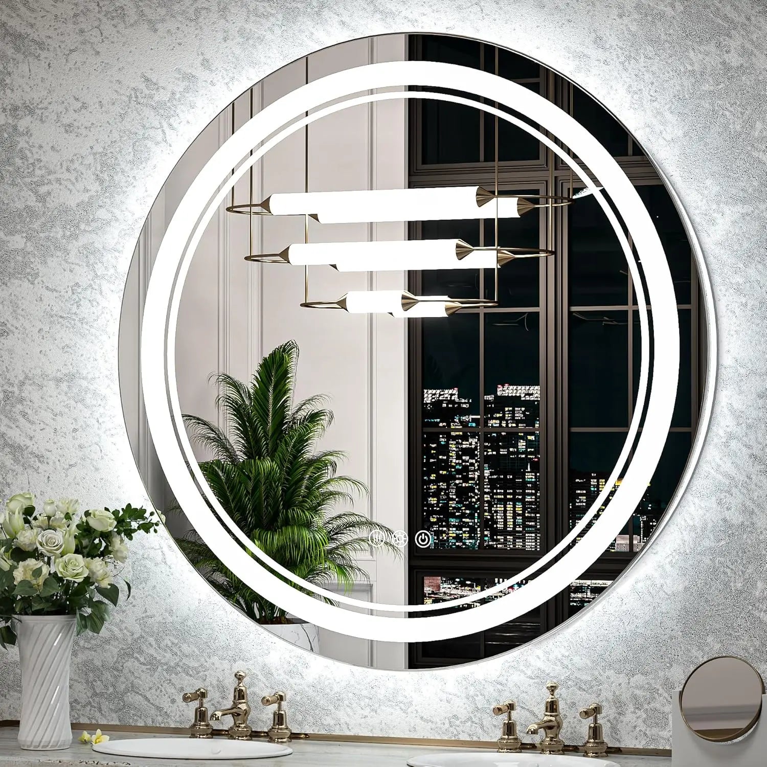 LED Round Bathroom Vanity Mirror – Front and Backlit Vanity Mirror with Double Light Strip, 3 Color Modes, CRI 90+, Anti-Fog, Memory Function, Wall Mounted Makeup Mirror for Bathroom Decor